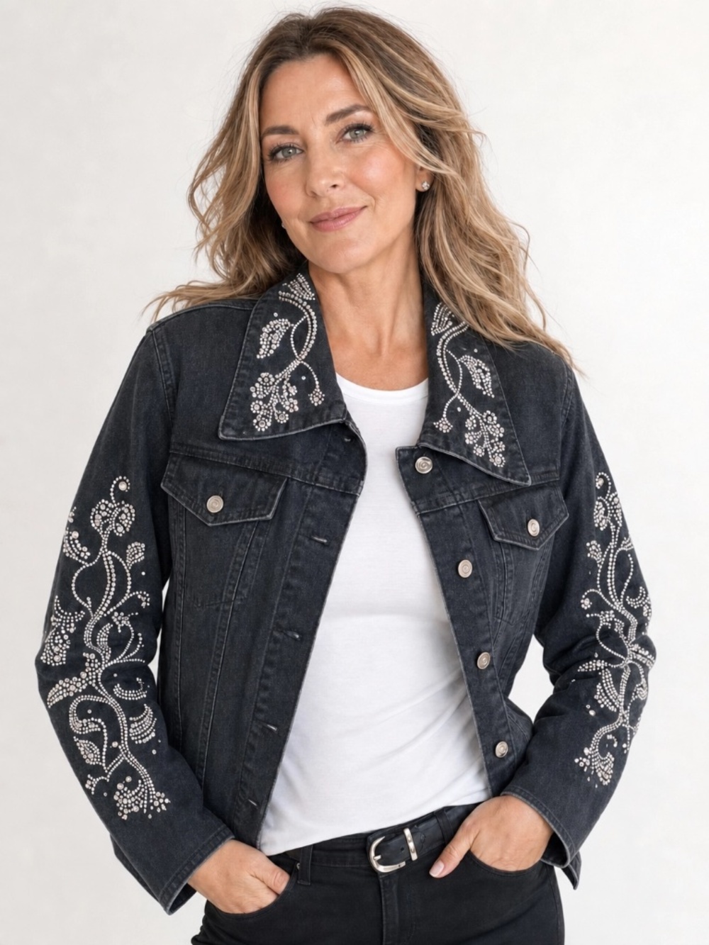Maggie Sweet Black Stretch Denim Jacket Rhinestone Embellished Size M